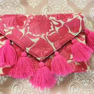 Floral Embroidery Pink Clutch with Tassels